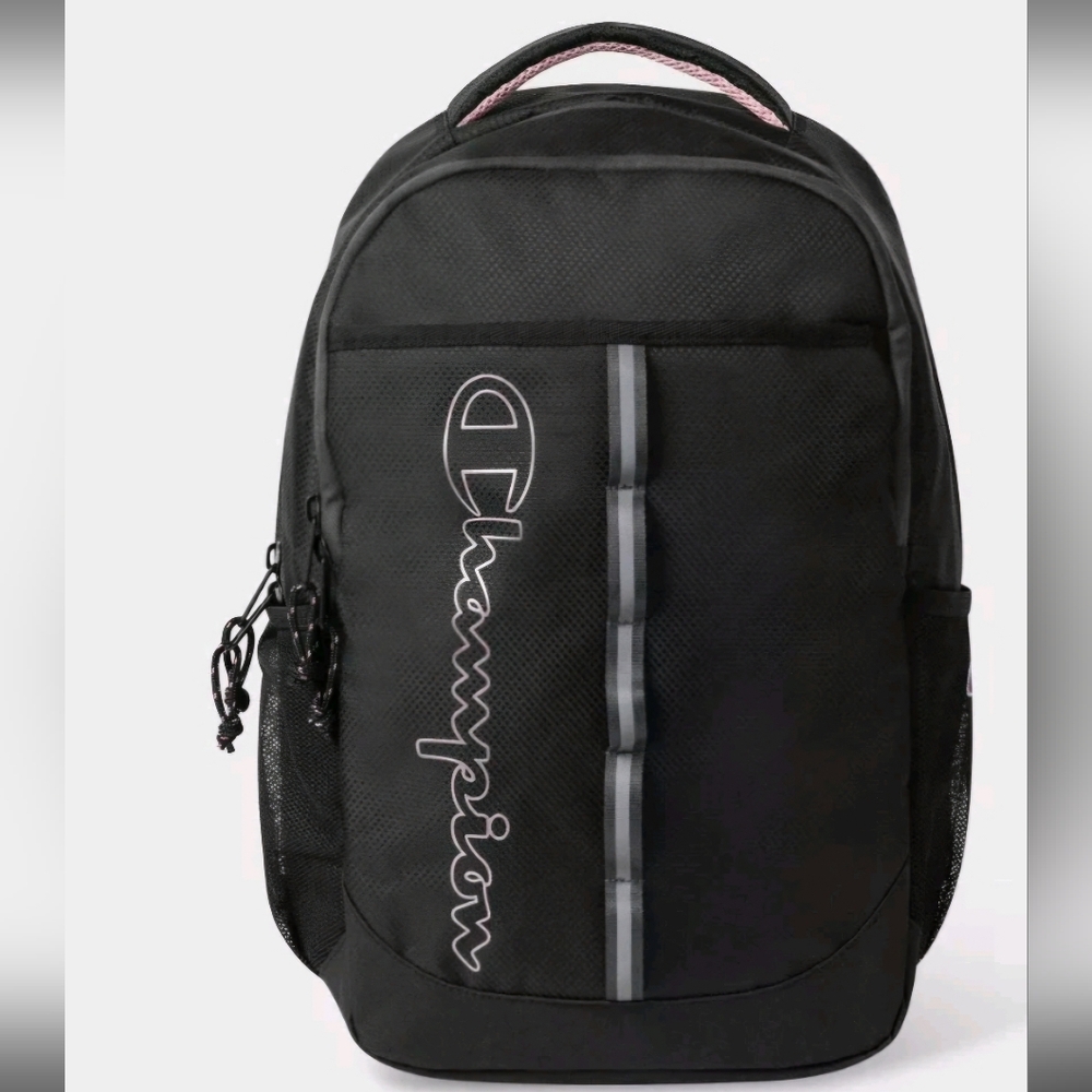 Champion Black Backpack with Vertical Logo and Reflective Stripe